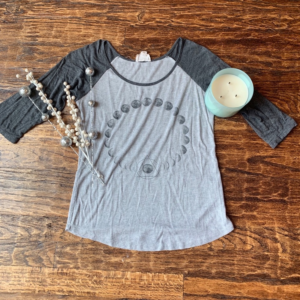 Grey 3/4 sleeved shirt with phases of the moon